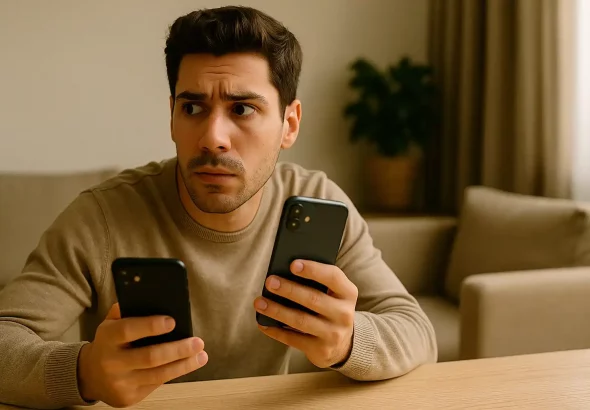 A young man nervously looks around while secretly holding a second phone - a classic digital red flag.
