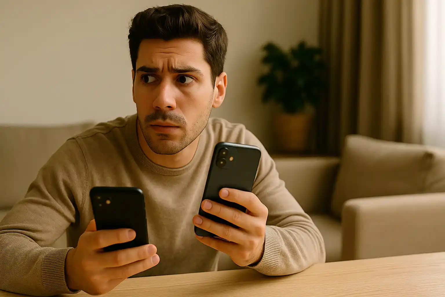A young man nervously looks around while secretly holding a second phone - a classic digital red flag.