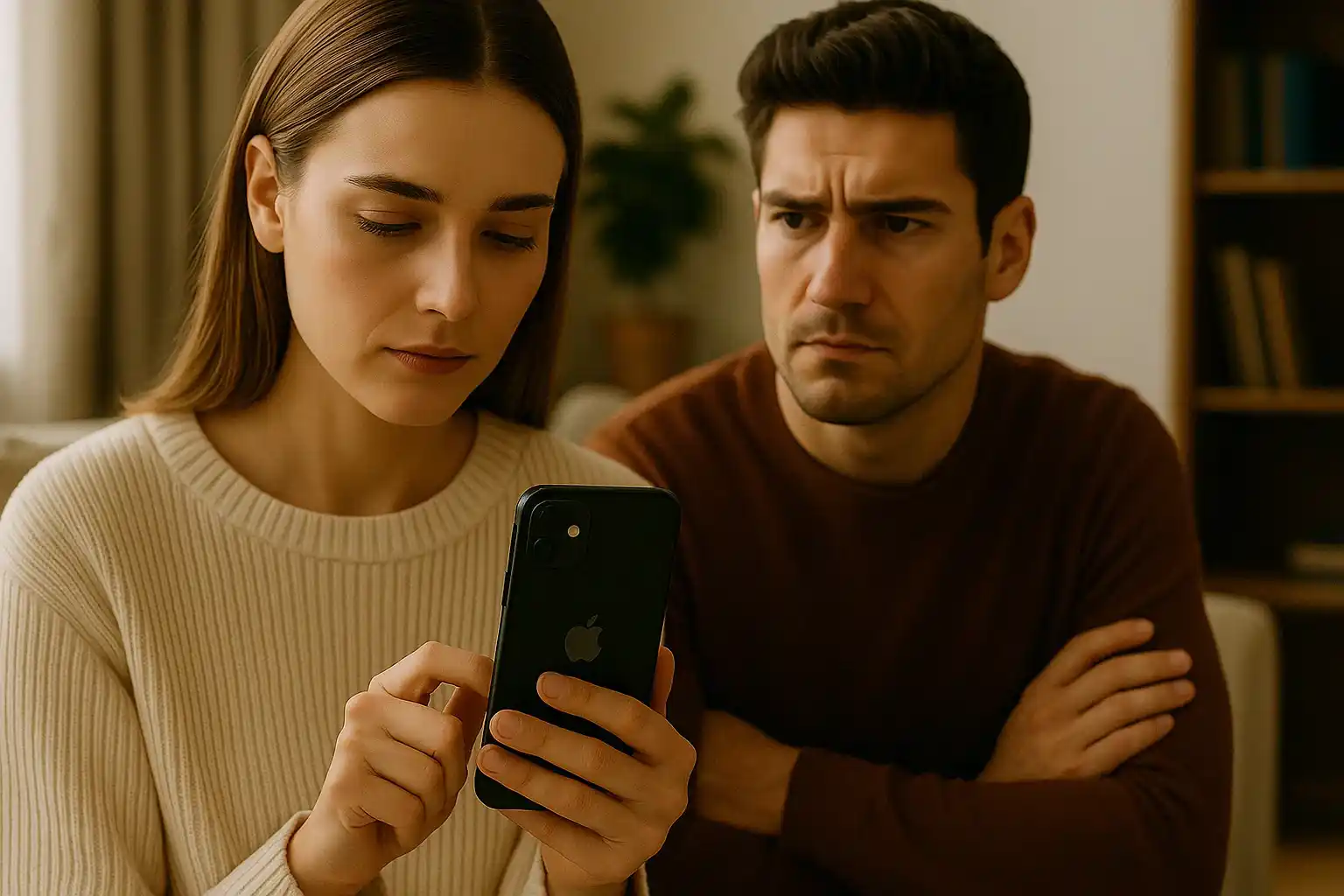 A woman scrolls through a phone with focused concern, while her partner watches tensely, revealing the silent tension of hidden truths.