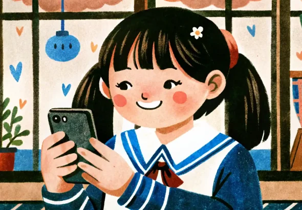 a girl in a school uniform is playing on the phone