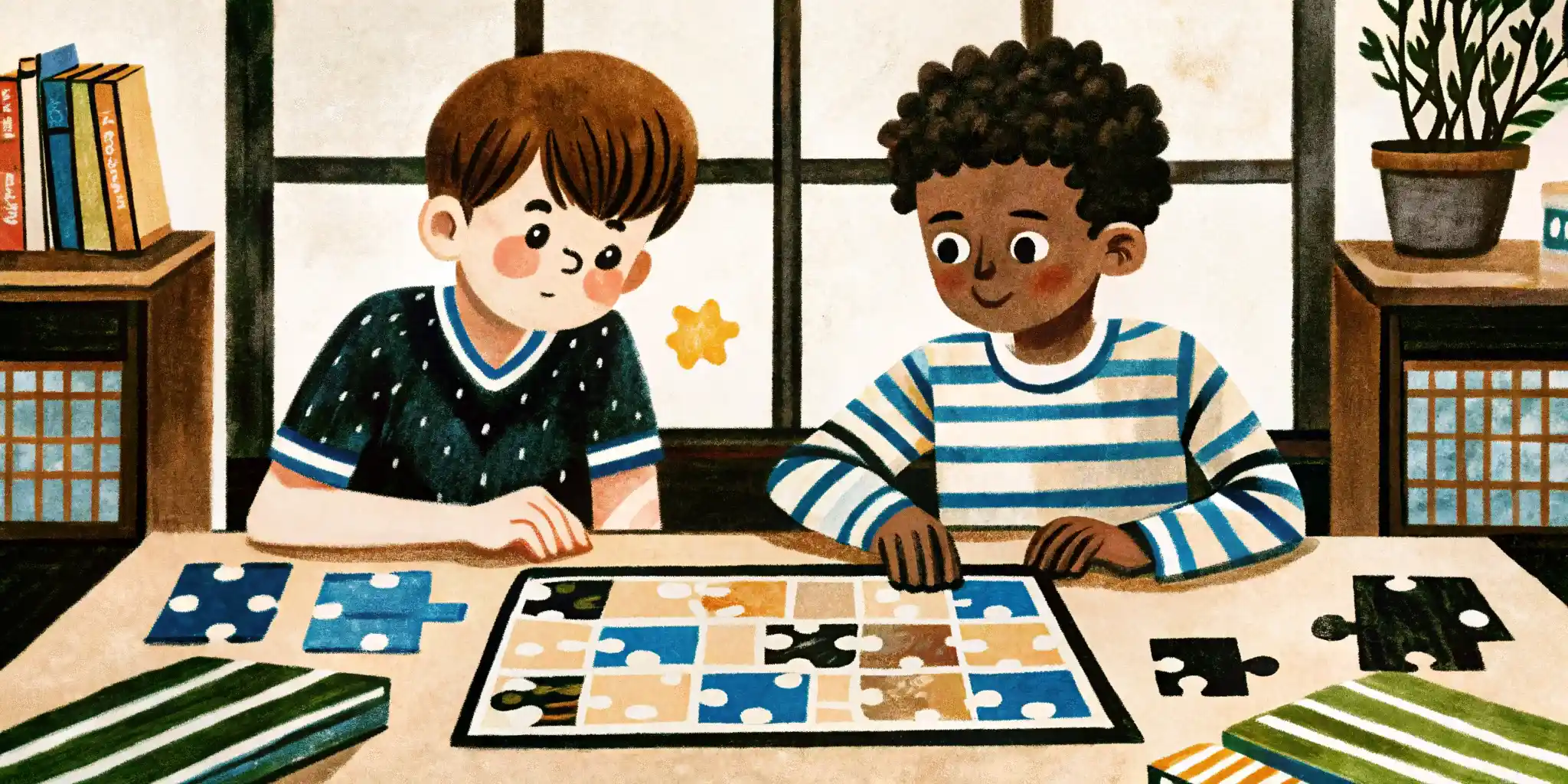 two boys are doing a jigsaw puzzle
