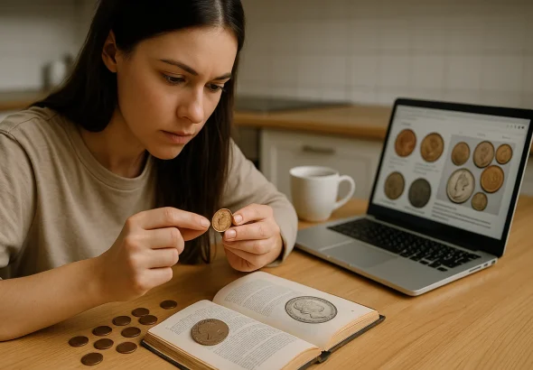 A young woman sits at a kitchen table comparing a bronze Queen Elizabeth coin to its image in an old catalog.