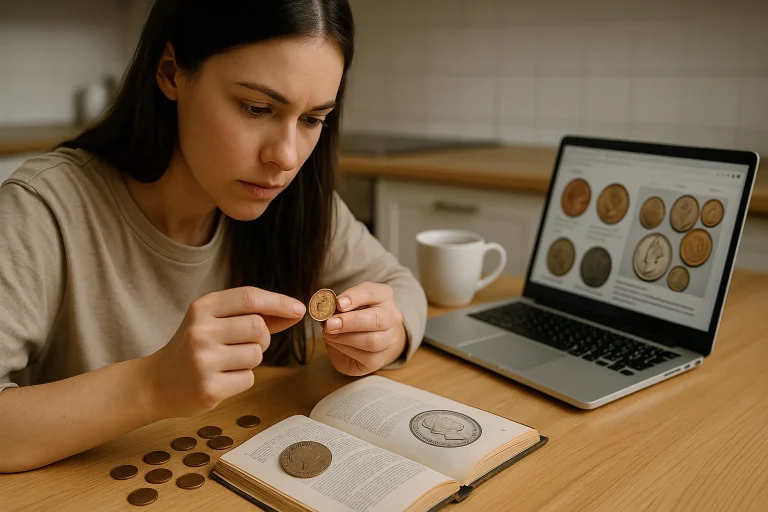 A young woman sits at a kitchen table comparing a bronze Queen Elizabeth coin to its image in an old catalog.