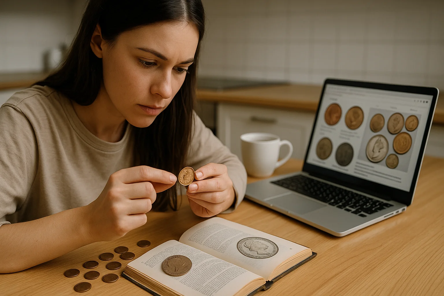 A young woman sits at a kitchen table comparing a bronze Queen Elizabeth coin to its image in an old catalog.