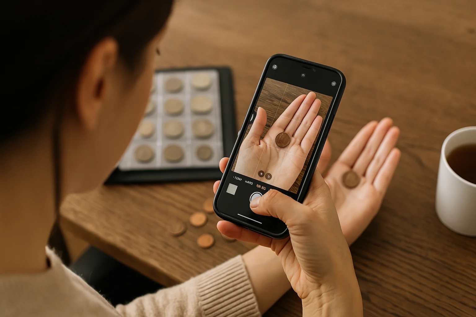 A woman photographs a Queen Elizabeth coin resting on her palm, with the smartphone camera interface to recognize its details via a special app.