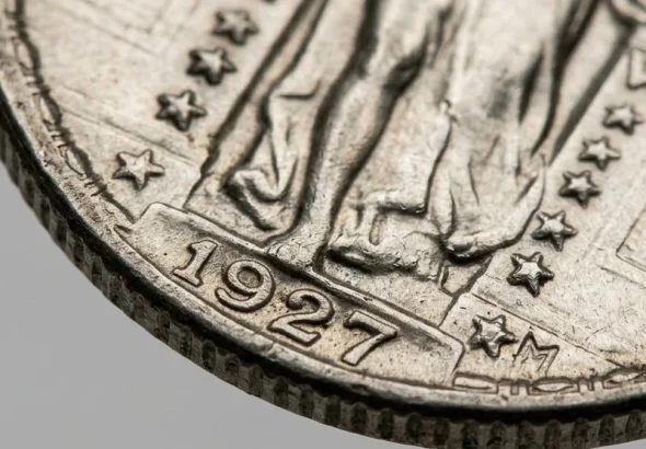 Close-up of a 1927 quarter coin