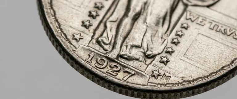 Close-up of a 1927 quarter coin