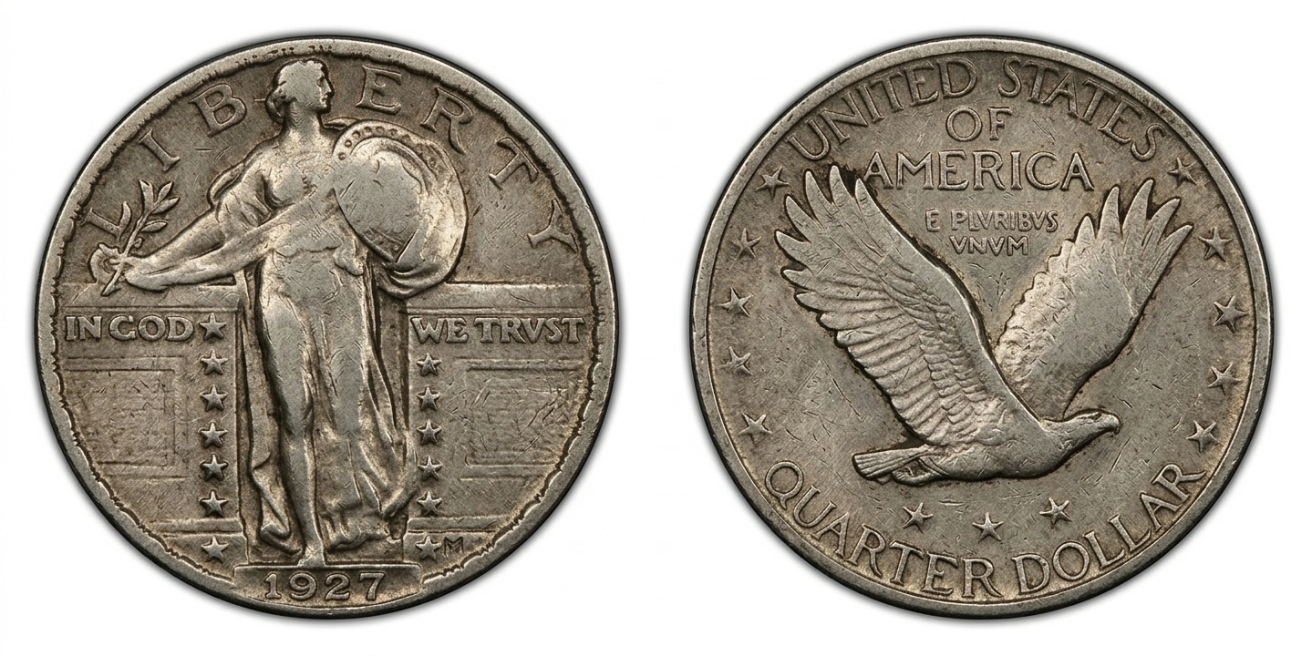 Close-up of a 1927 quarter coin in circulated condition